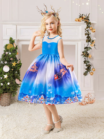 Girls Christmas Santa Blue Dress