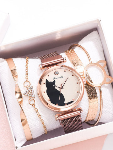 Rose Gold Cat Watch Bracelet Set