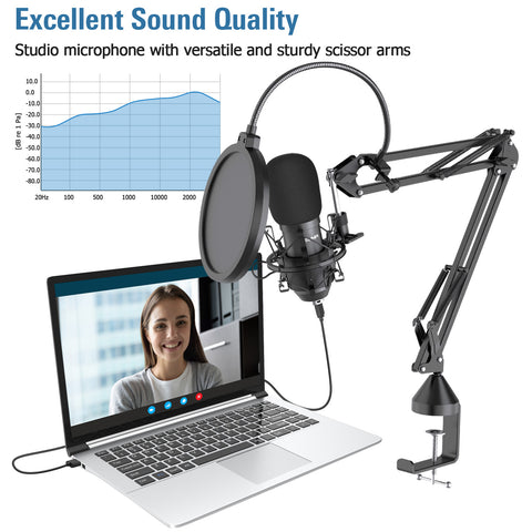 USB Condenser Microphone Kit Streaming Podcast PC Gaming Mic, Plug & Play Mic with Adjustable Stand & Pop Filter for Recording, YouTube, Voice Over, Skype, Twitch Compatible with Laptop Desktop